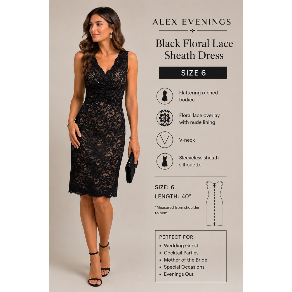 Alex Evenings Black Lace Cocktail Dress Size 6 Nude Lining Wedding Guest Formal